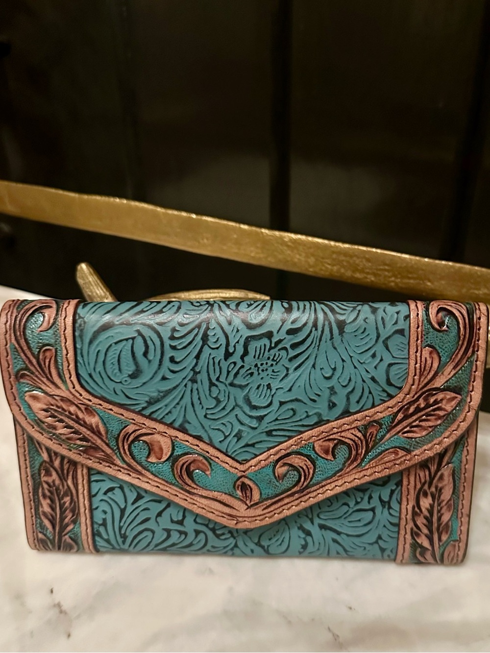 New Western Cowhide grain tooled leather Turquoise Merbaa Wallet Clutch purse
